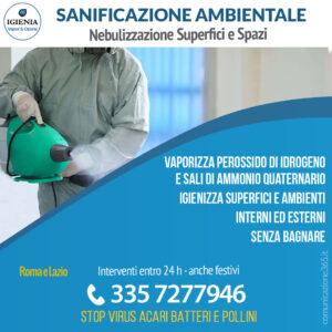 sanificazione con certificato di ambienti e superfici interni ed esterni con nebulizzazione di biocidi a basso impatto ambientale eliminazione virus colonie batteriche e agenti patogeni - igienia